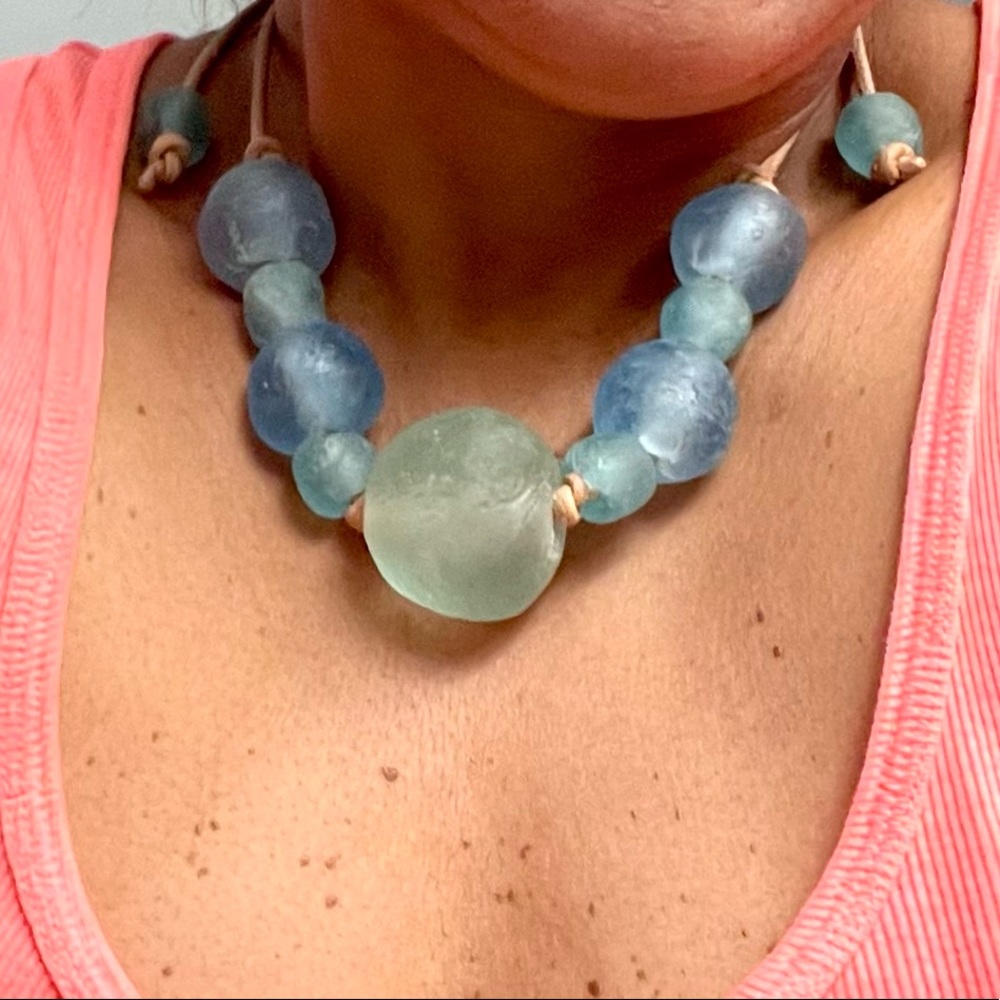 Recycled Marine Glass beads on leather